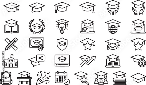 Graduation line icon set, academic education symbols for university and college, 30 graduation cap vector elements for student success and learning