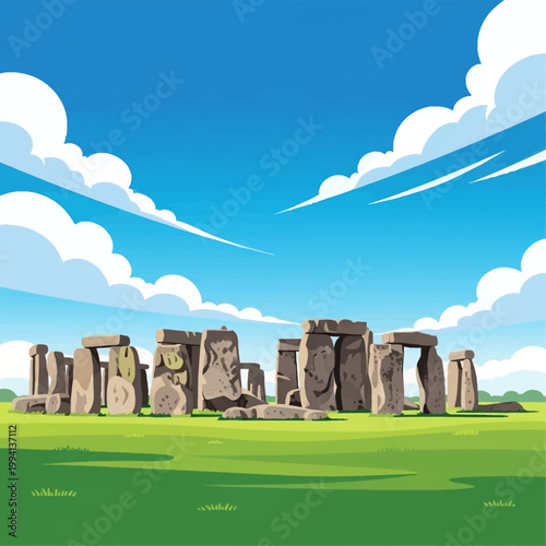Vector illustration of Stonehenge prehistoric monument in Wiltshire, England featuring ancient stone megaliths in a circle on a green field under a blue sky with stylized clouds.