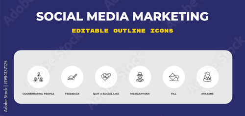 outline social media marketing icons set - coordinating people, feedback, quit a social like. editable vector for web and mobile ui