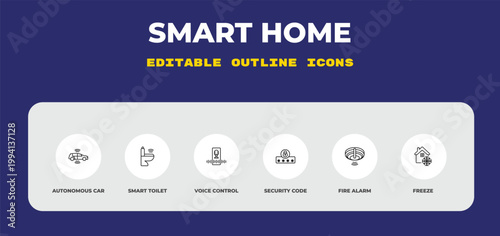 outline smart home icons set - autonomous car, smart toilet, voice control. editable vector for web and mobile ui