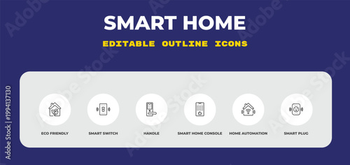 outline smart home icons set - eco friendly, smart switch, handle. editable vector for web and mobile ui