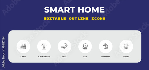 outline smart home icons set - chart, alarm system, leak. editable vector for web and mobile ui