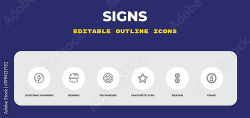 outline signs icons set - lightning warning, ironing, no parking. editable vector for web and mobile ui