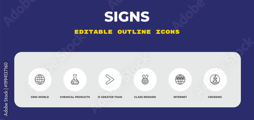 outline signs icons set - grid world, chemical products, is greater than. editable vector for web and mobile ui