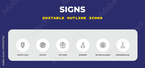 outline signs icons set - traffic light, no pets, gift shop. editable vector for web and mobile ui
