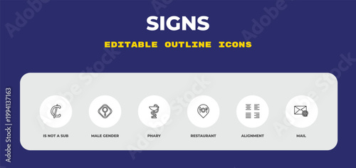 outline signs icons set - is not a sub, male gender, phary. editable vector for web and mobile ui