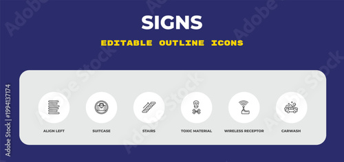 outline signs icons set - align left, suitcase, stairs. editable vector for web and mobile ui
