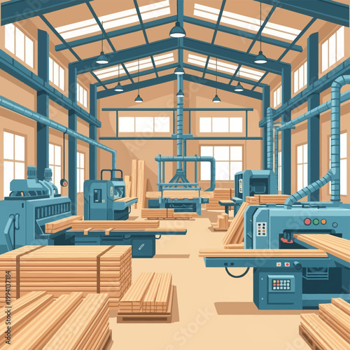 Industrial woodworking factory interior vector illustration showing heavy machinery, sawmills, planers, stacks of timber planks on pallets, ventilation piping, and warehouse architecture.