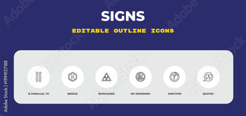 outline signs icons set - is parallel to, bridge, biohazard. editable vector for web and mobile ui