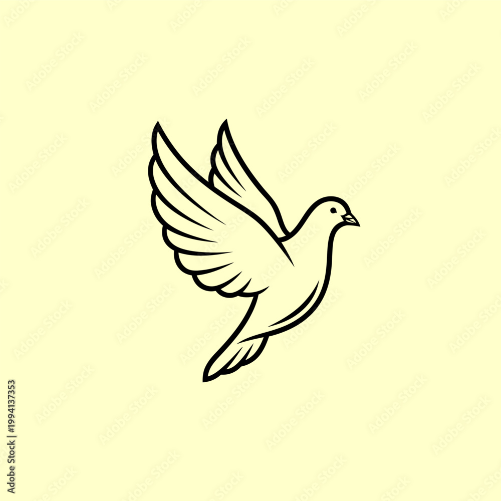 Fototapeta premium A stylized vector illustration of a white dove in flight, symbolizing peace, hope, and freedom, against a soft yellow background