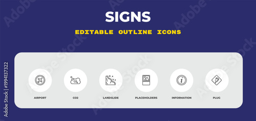 outline signs icons set - airport, co2, landslide. editable vector for web and mobile ui
