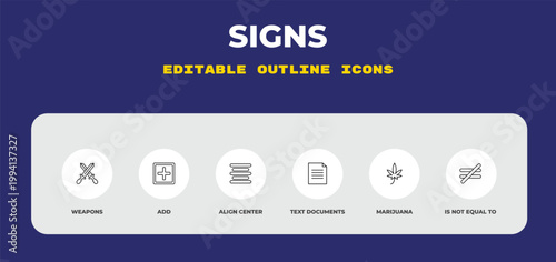 outline signs icons set - weapons, add, align center. editable vector for web and mobile ui