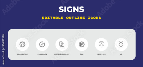 outline signs icons set - prohibition, forbidden, exit right arrow. editable vector for web and mobile ui