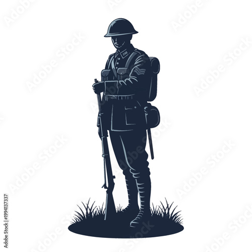Full length vector illustration of a British World War I infantry soldier wearing a Brodie helmet, sergeant uniform, and field gear, holding a Lee-Enfield rifle on white background.