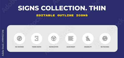 outline signs collection. thin icons set - no shower, there exists, radioactive. editable vector for web and mobile ui