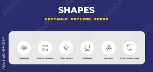 outline shapes icons set - trademark, star with number four, focus button. editable vector for web and mobile ui