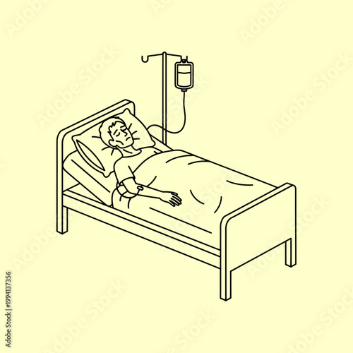 Illustration of a patient in a hospital bed receiving an intravenous drip with a saline solution bag hanging from a stand, depicting healthcare and medical treatment
