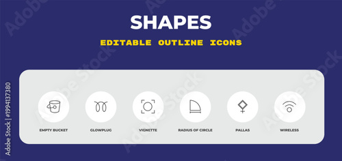 outline shapes icons set - empty bucket, glowplug, vignette. editable vector for web and mobile ui