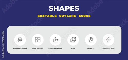 outline shapes icons set - moon and broom, four squares, christian church. editable vector for web and mobile ui