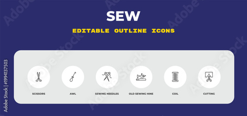 Foto outline sew icons set - scissors, awl, sewing needles
