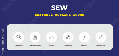 outline sew icons set - pin holder, sewing thimble, chalk. editable vector for web and mobile ui