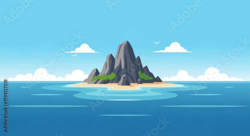 Flat vector illustration of a rocky tropical island with green shrubs and a sandy beach in the middle of a blue ocean under a clear sky with white clouds and seagulls.