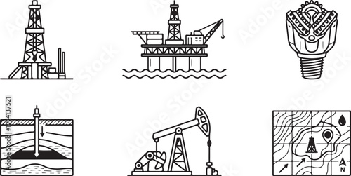Set of oil industry icons including drilling rig and offshore platform during exploration Isolated on white background