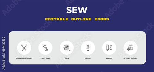 outline sew icons set - knitting neddles, paint tube, yarn. editable vector for web and mobile ui