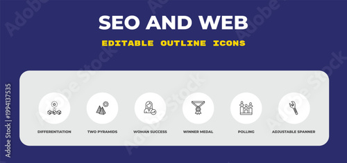 outline seo and web icons set - differentiation, two pyramids, woman success. editable vector for web and mobile ui
