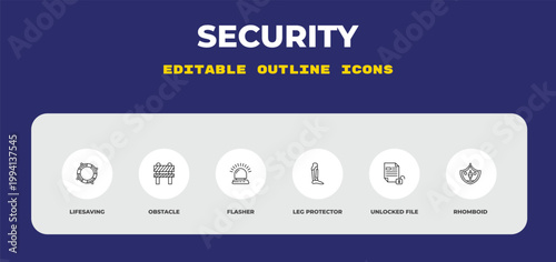 outline security icons set - lifesaving, obstacle, flasher. editable vector for web and mobile ui