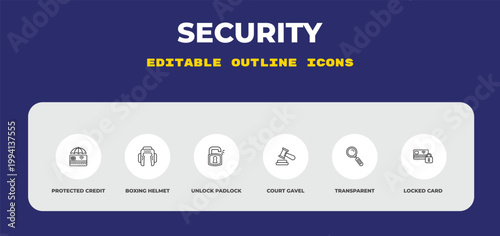 outline security icons set - protected credit card, boxing helmet, unlock padlock. editable vector for web and mobile ui