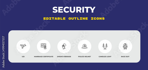 outline security icons set - uzi, marriage certificate, smoke grenade. editable vector for web and mobile ui