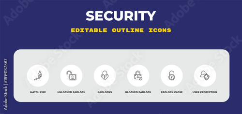 outline security icons set - match fire, unlocked padlock, padlocks. editable vector for web and mobile ui