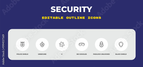 outline security icons set - police shield, unsecure, e. editable vector for web and mobile ui