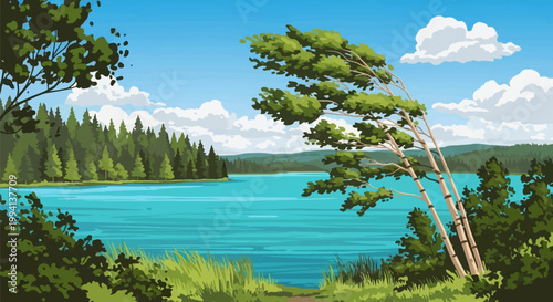 Vector illustration of the turquoise water of Blanktjarn lake surrounded by a lush green forest of pine and birch trees under a clear blue sky with white clouds in summer.