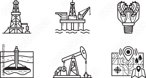 Oil drilling rig offshore platform drill bit and pump jack set with map Isolated on white background