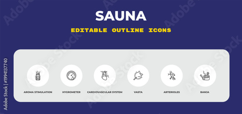 outline sauna icons set - aroma stimulation, hygrometer, cardiovascular system. editable vector for web and mobile ui