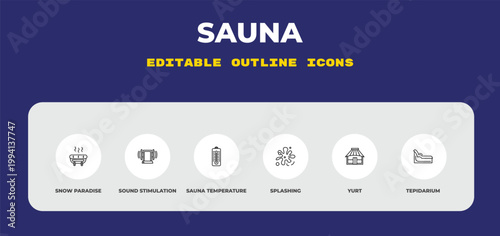 outline sauna icons set - snow paradise, sound stimulation, sauna temperature. editable vector for web and mobile ui