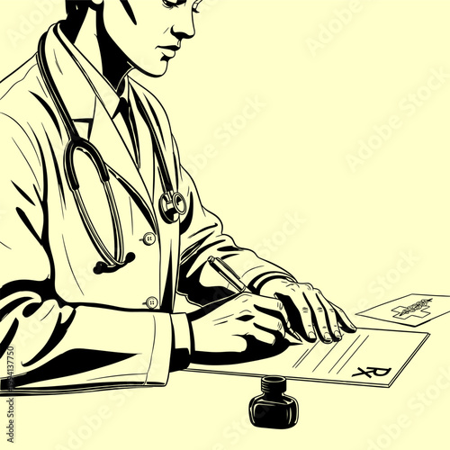 A dedicated medical professional, likely a doctor, meticulously writes a prescription for a patient, symbolizing healthcare, diagnosis, and treatment in a vintage, illustrative style