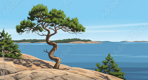 Vector illustration of a gnarled, twisted pine tree growing on a rocky coastal cliff with a scenic view of the ocean, distant islands, and a clear blue sky in a serene landscape.