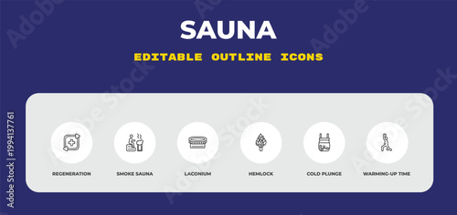 outline sauna icons set - regeneration, smoke sauna, laconium. editable vector for web and mobile ui