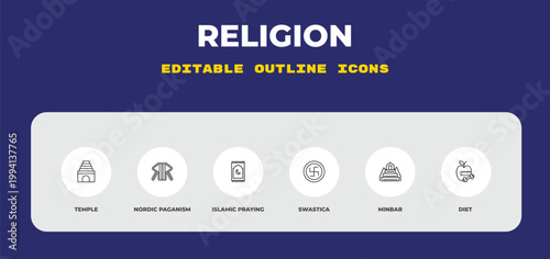 outline religion icons set - temple, nordic paganism, islamic praying carpet. editable vector for web and mobile ui