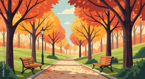 Vector illustration of a scenic autumn park path featuring orange and yellow trees, two wooden benches, a vintage street lamp, and fallen leaves on the ground under a blue sky.