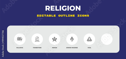 outline religion icons set - halakha, tombstone, koran. editable vector for web and mobile ui