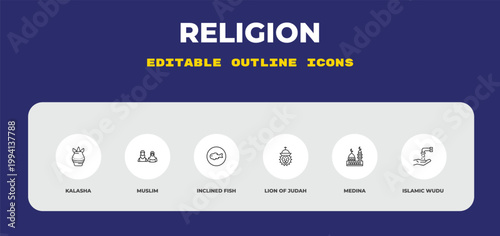 outline religion icons set - kalasha, muslim, inclined fish. editable vector for web and mobile ui