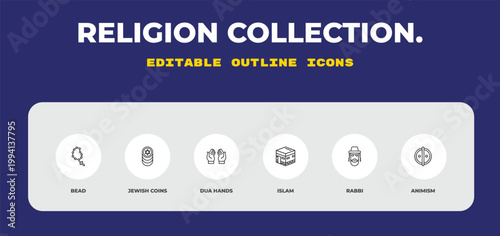 outline religion collection. icons set - bead, jewish coins, dua hands. editable vector for web and mobile ui