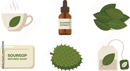 Soursop Herbal Product Vector Set with Tea Cup Extract Bottle Leaves Soap Fruit and Infusion Bag for Natural Organic Wellness Design