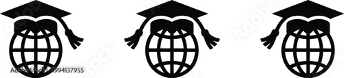 Graduation cap globe icon set, vector collection of student hat on globe representing online education e learning global study and academic achievement concepts.