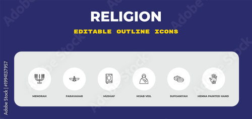 outline religion icons set - menorah, faravahar, mushaf. editable vector for web and mobile ui