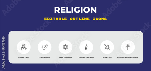 outline religion icons set - adhan call, conch shell, star of david. editable vector for web and mobile ui